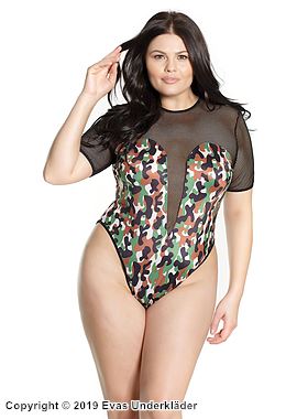 Teddy, lite nett, korte ermer, nøkkelhull, kamuflasje (mønster), plus size